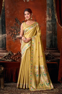 Golden Beige Tissue Silk Blend Jacquard Weaving Saree – Paithani Border, Contrast Pallu, Bridal Wear
