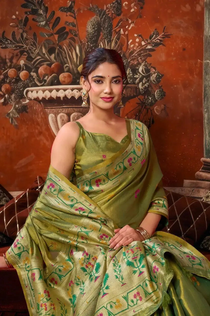 Olive Green Tissue Silk Blend Jacquard Weaving Saree back view – contrast pallu draped over shoulder | KS309 Kalyanja