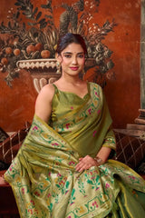 Olive Green Tissue Silk Blend Jacquard Weaving Saree back view – contrast pallu draped over shoulder | KS309 Kalyanja