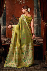 Olive Green Tissue Silk Blend Jacquard Weaving Saree Paithani border close-up – richly woven border detail | KS309 Kalyanja