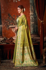 Olive Green Tissue Silk Blend Jacquard Weaving Saree front drape – Paithani border, contrast pallu | KS309 Kalyanja
