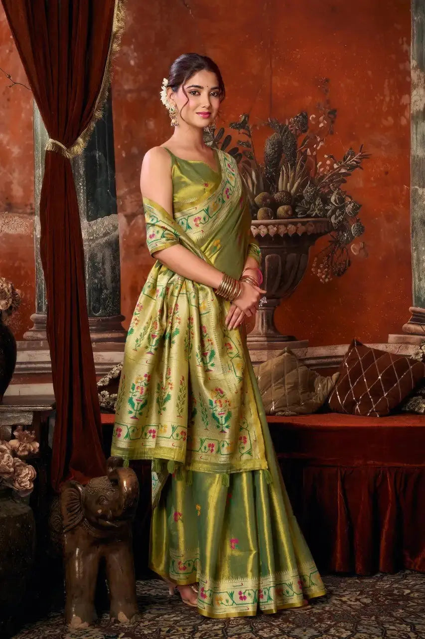 Olive Green Tissue Silk Blend Jacquard Weaving Saree contrast pallu detail – KS309 by Kalyanja