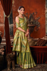 Olive Green Tissue Silk Blend Jacquard Weaving Saree contrast pallu detail – KS309 by Kalyanja