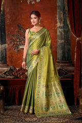 Olive Green Tissue Silk Blend Jacquard Weaving Saree side drape – jacquard weaving detail, tissue silk | KS309 Kalyanja