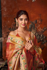 Orange Tissue Silk Blend Jacquard Weaving Saree back view – contrast pallu draped over shoulder | KS309 Kalyanja