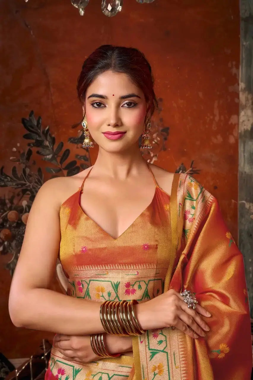 Orange Tissue Silk Blend Jacquard Weaving Saree body close-up – intricate jacquard woven texture | KS309 Kalyanja
