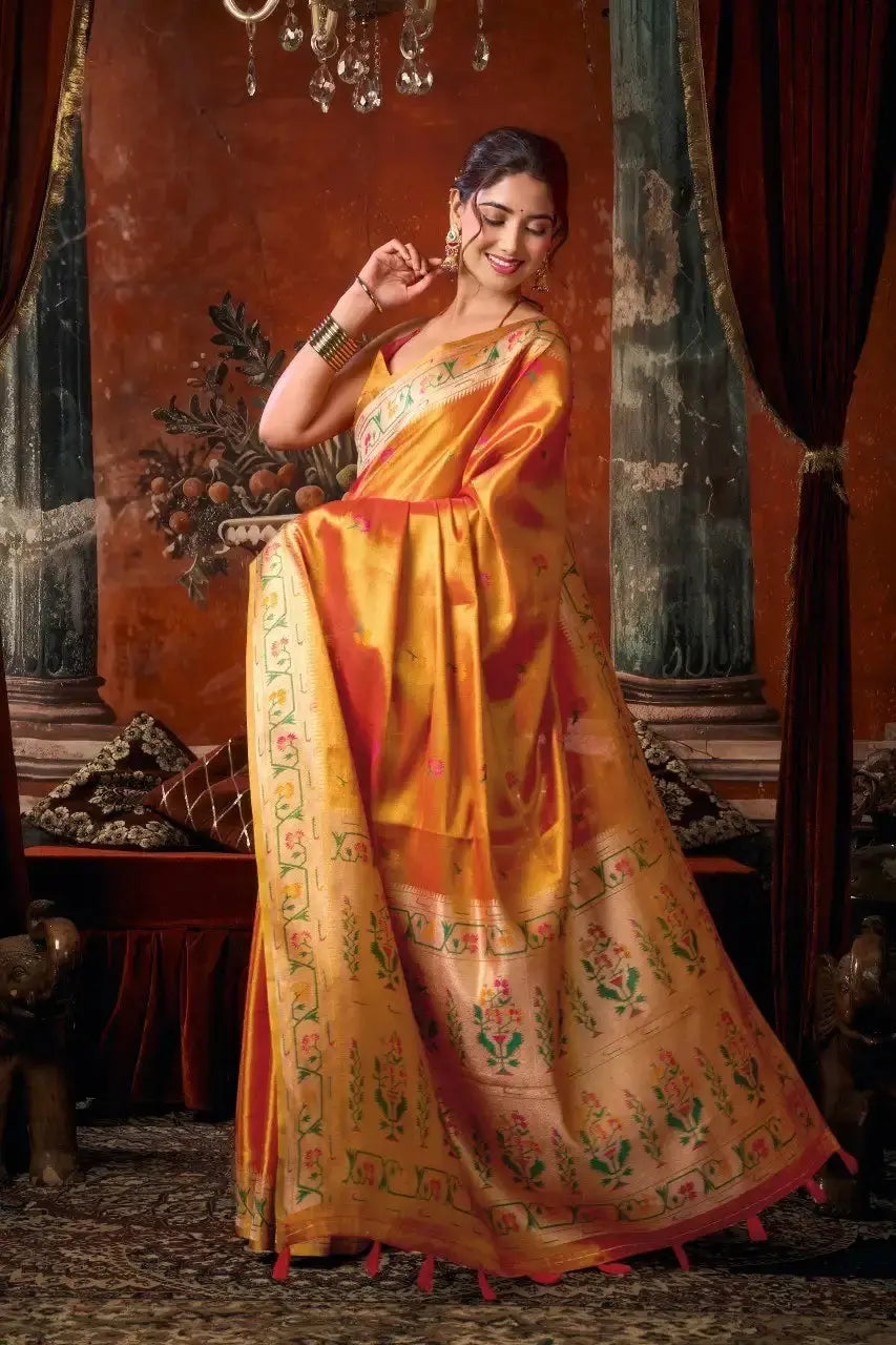 Orange Tissue Silk Blend Jacquard Weaving Saree Paithani border close-up – richly woven border detail | KS309 Kalyanja