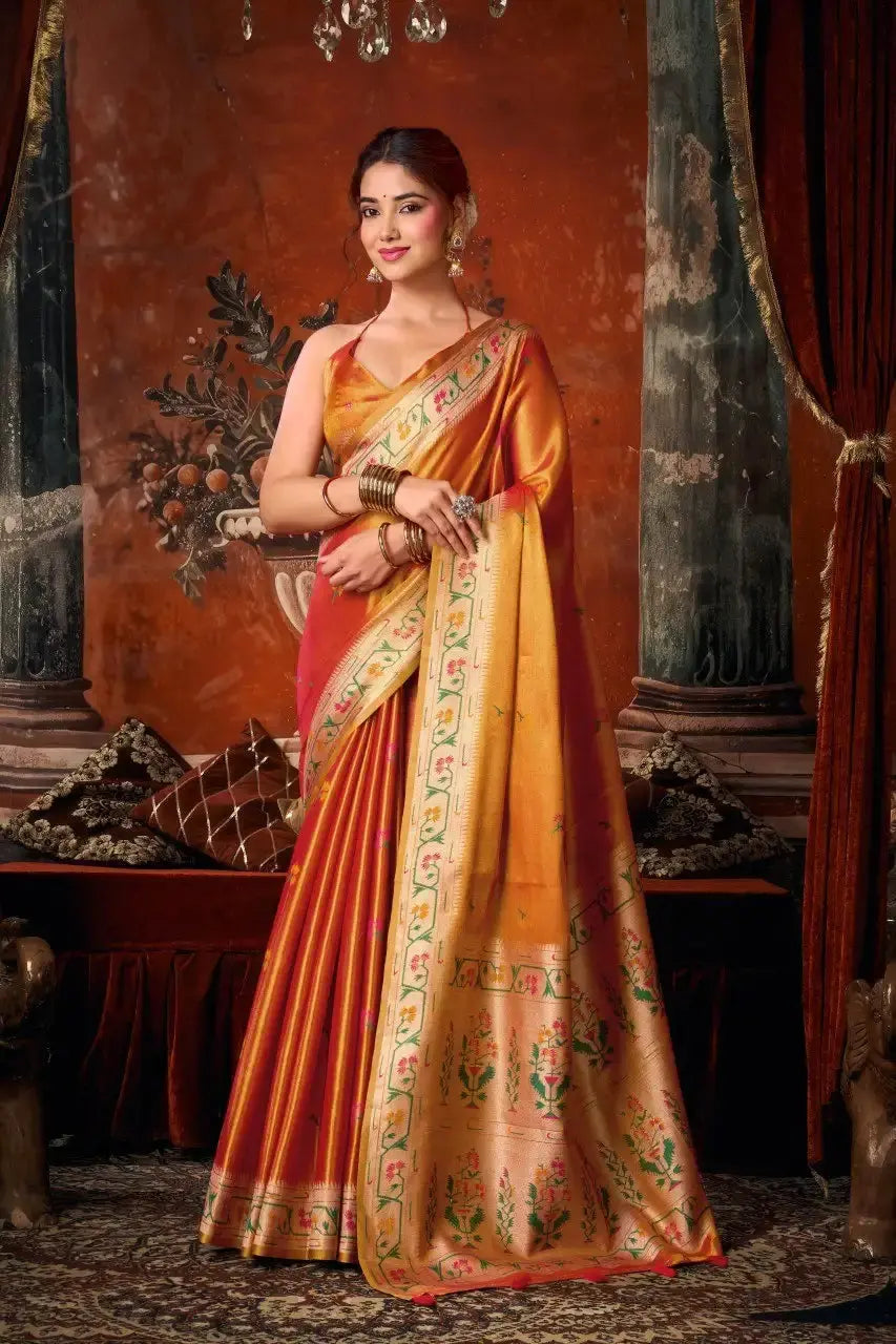 Orange Tissue Silk Blend Jacquard Weaving Saree side drape – jacquard weaving detail, tissue silk | KS309 Kalyanja
