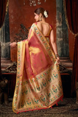 Back view of Pink Tissue Silk Blend Jacquard Saree — contrast gold Paithani pallu spread with floral weave