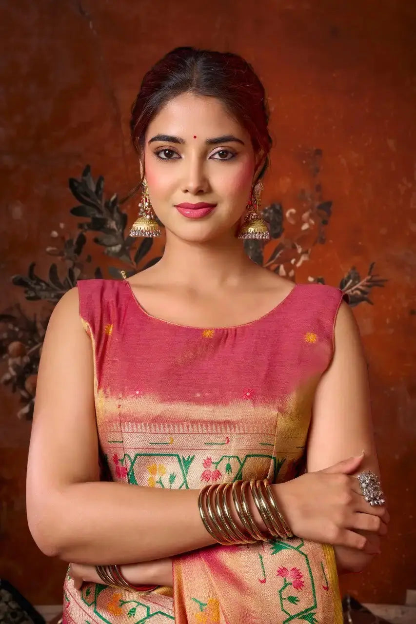 Close-up blouse of Pink Tissue Silk Blend Saree — matching pink tissue running blouse piece with woven butti