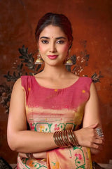 Close-up blouse of Pink Tissue Silk Blend Saree — matching pink tissue running blouse piece with woven butti