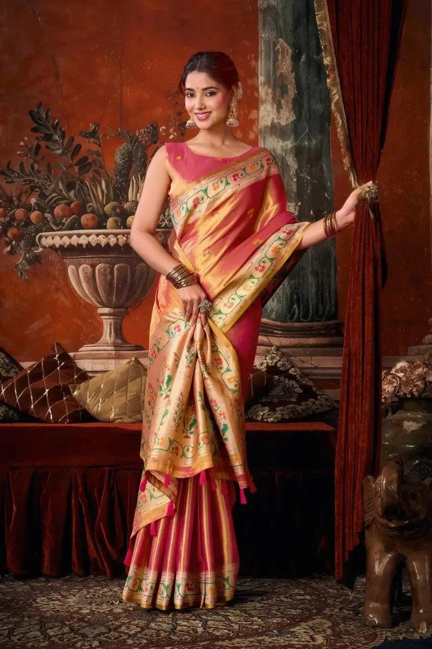 Pink Tissue Silk Blend Saree — full front smiling pose with gold Paithani woven border clearly visible