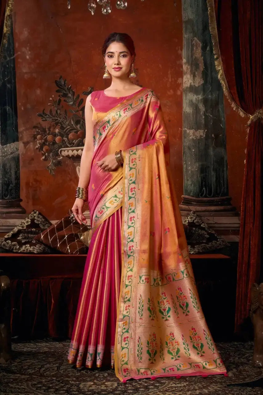 Pink Tissue Silk Blend Jacquard Weaving Saree — full front with dual-tone tissue body and gold Paithani contrast pallu