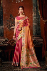 Pink Tissue Silk Blend Jacquard Weaving Saree — full front with dual-tone tissue body and gold Paithani contrast pallu