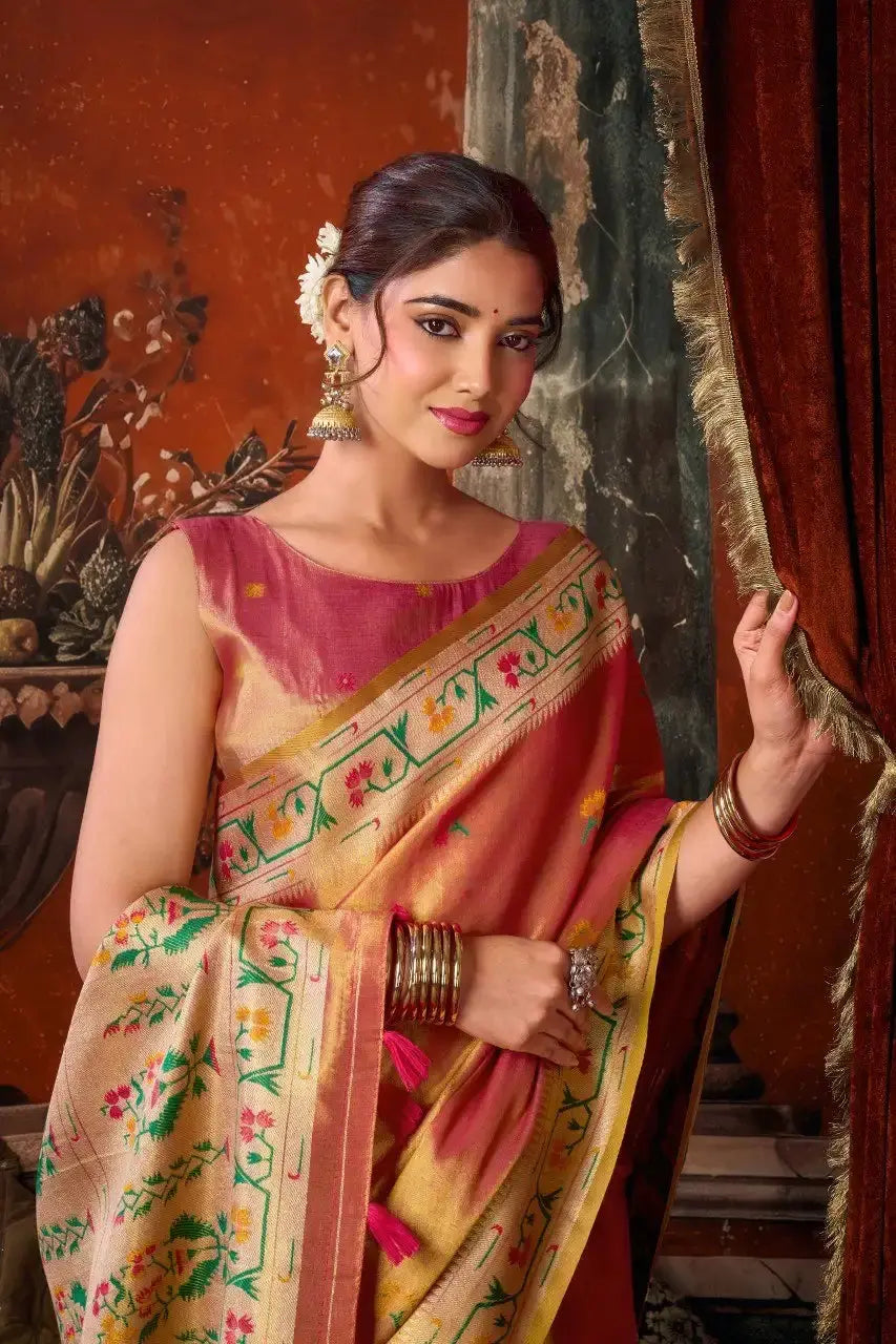 Half body close-up of Pink Tissue Silk Saree — blouse and Paithani woven border detail with multicolour motifs