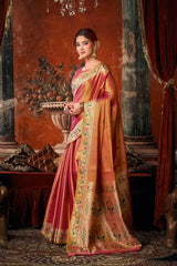 Side view of Pink Tissue Silk Blend Jacquard Weaving Saree showing dual-tone iridescent pink and gold sheen