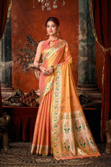 Soft Peach Tissue Silk Blend Jacquard Weaving Saree front drape – Paithani border, contrast pallu | KS309 Kalyanja