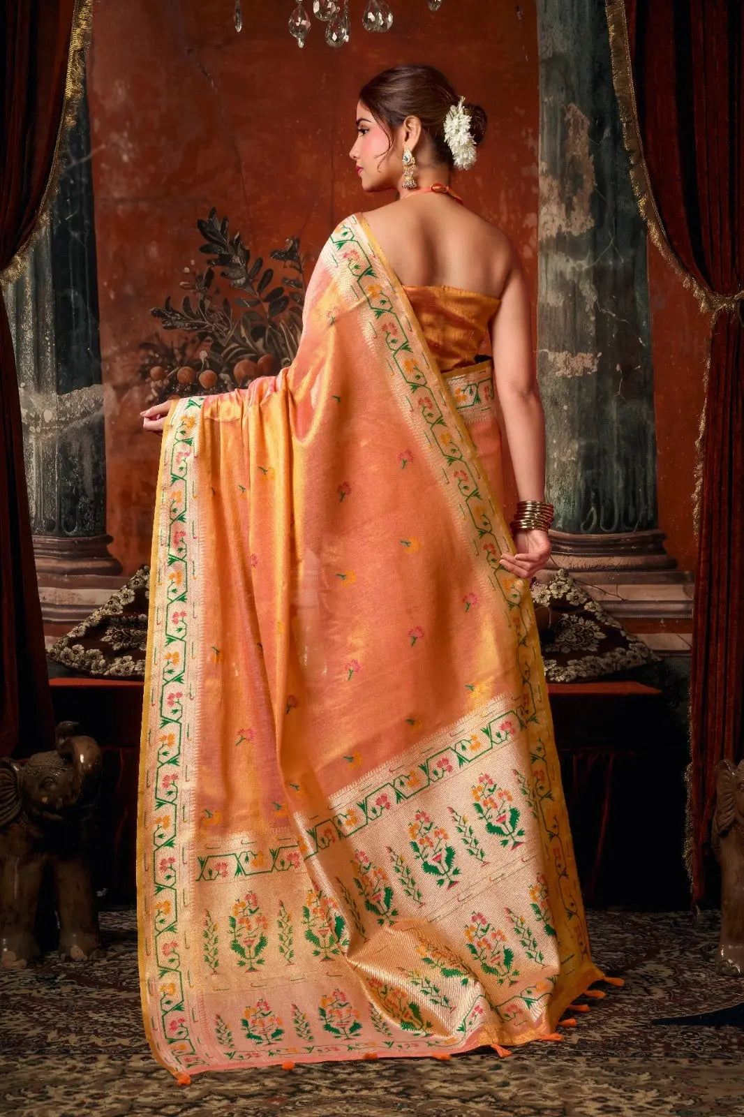 Soft Peach Tissue Silk Blend Jacquard Weaving Saree side drape – jacquard weaving detail, tissue silk | KS309 Kalyanja