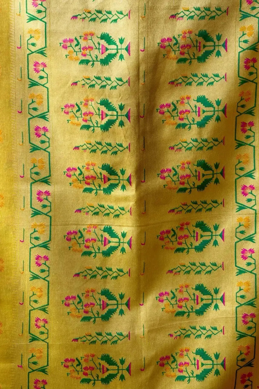 Yellow Tissue Silk Blend Jacquard Weaving Saree back view – contrast pallu draped over shoulder | KS309 Kalyanja