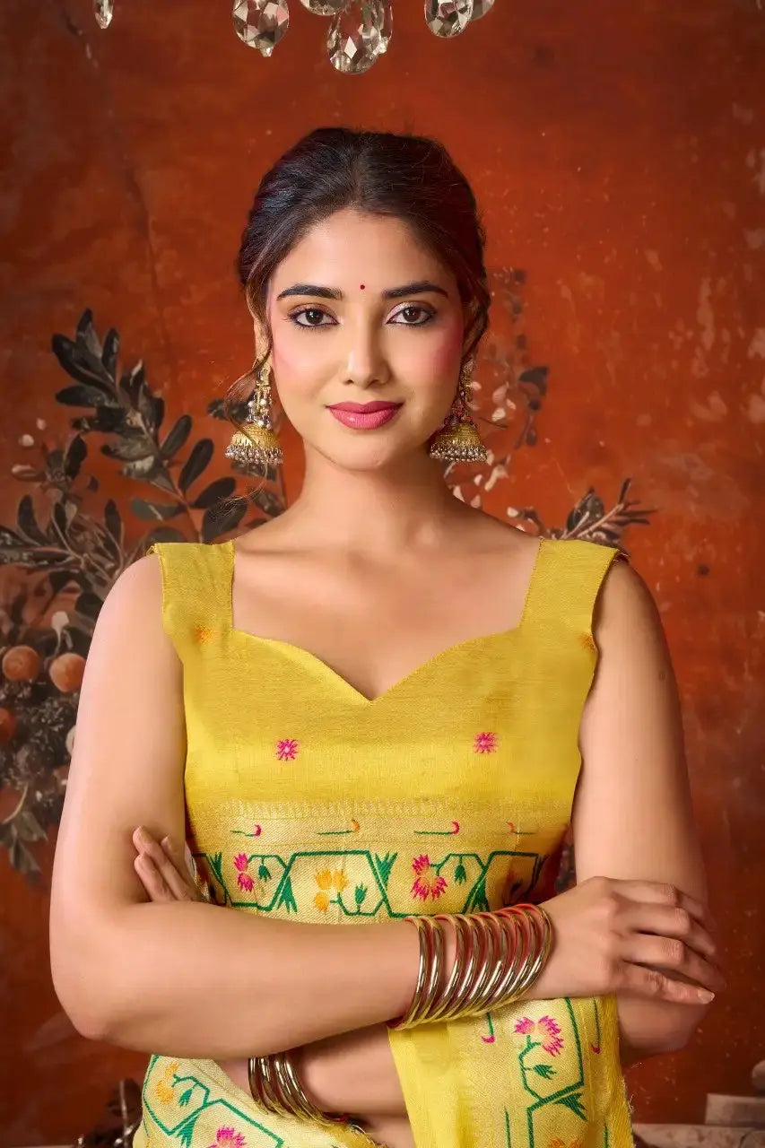 Yellow Tissue Silk Blend Jacquard Weaving Saree flat lay – full 5.5m with blouse piece, KS309 by Kalyanja