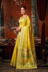 Yellow Tissue Silk Blend Jacquard Weaving Saree front drape – Paithani border, contrast pallu | KS309 Kalyanja