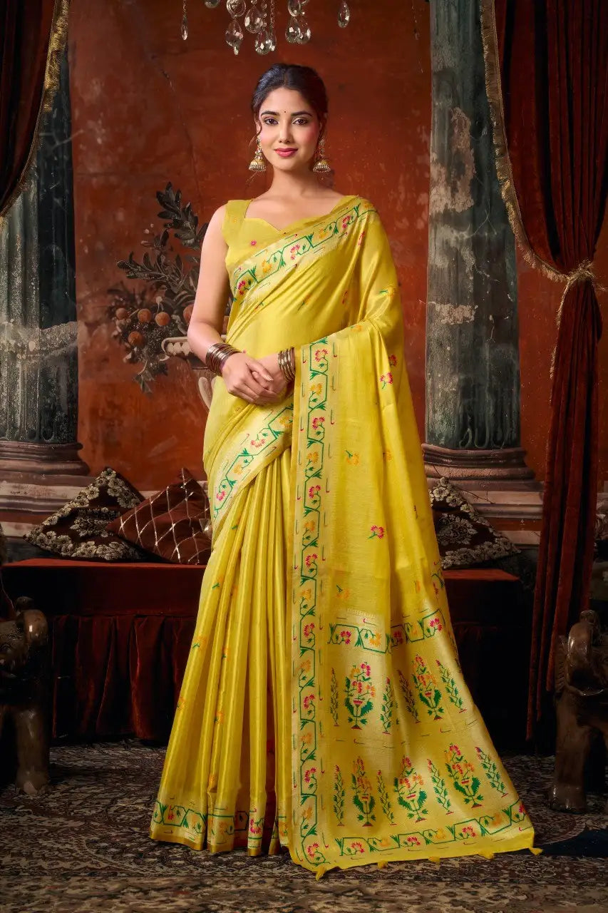 Yellow Tissue Silk Blend Jacquard Weaving Saree side drape – jacquard weaving detail, tissue silk | KS309 Kalyanja