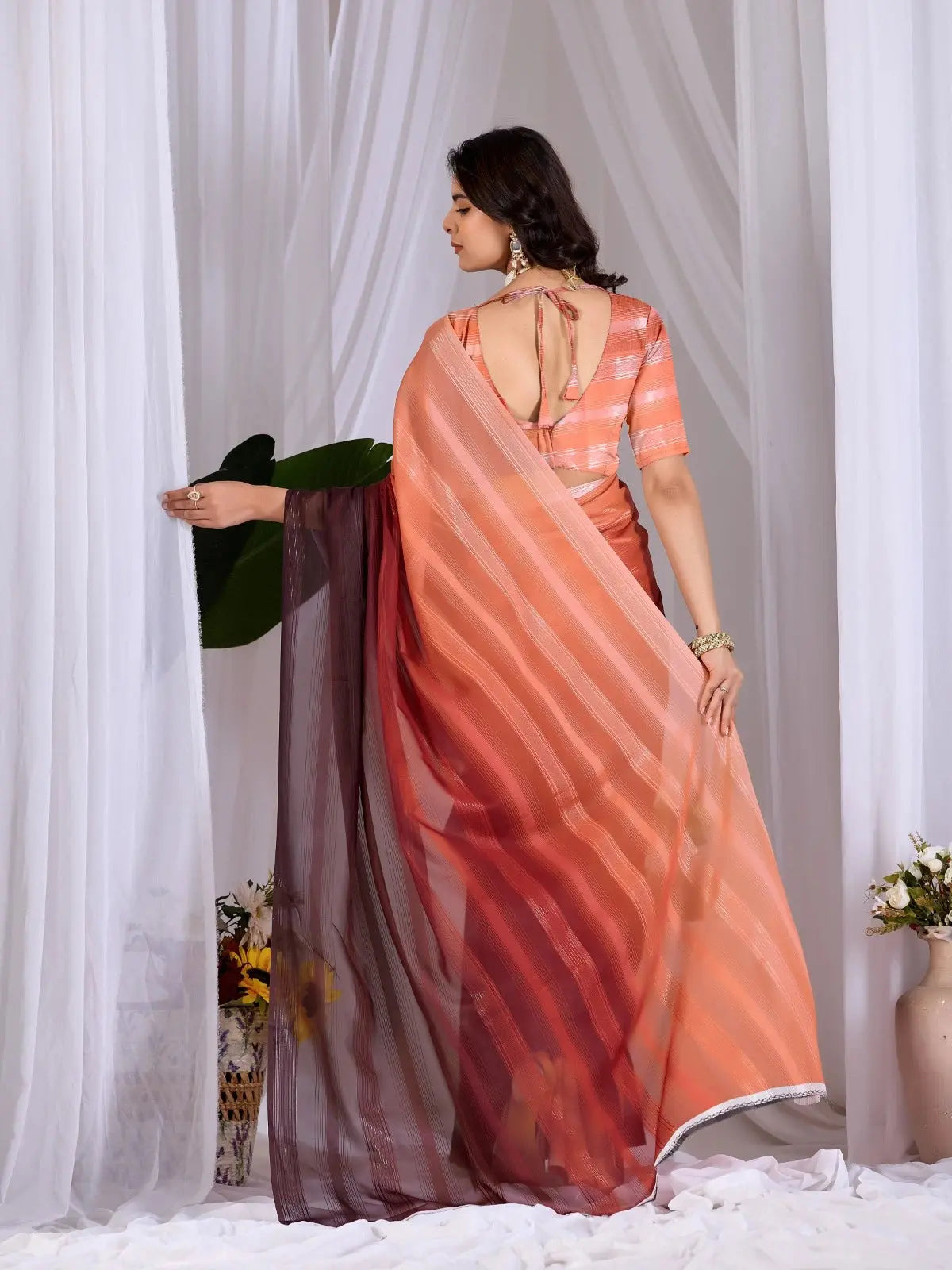 Back view of Soft Peach & Wine Ombre Saree — open back blouse and full ombre gradient spread