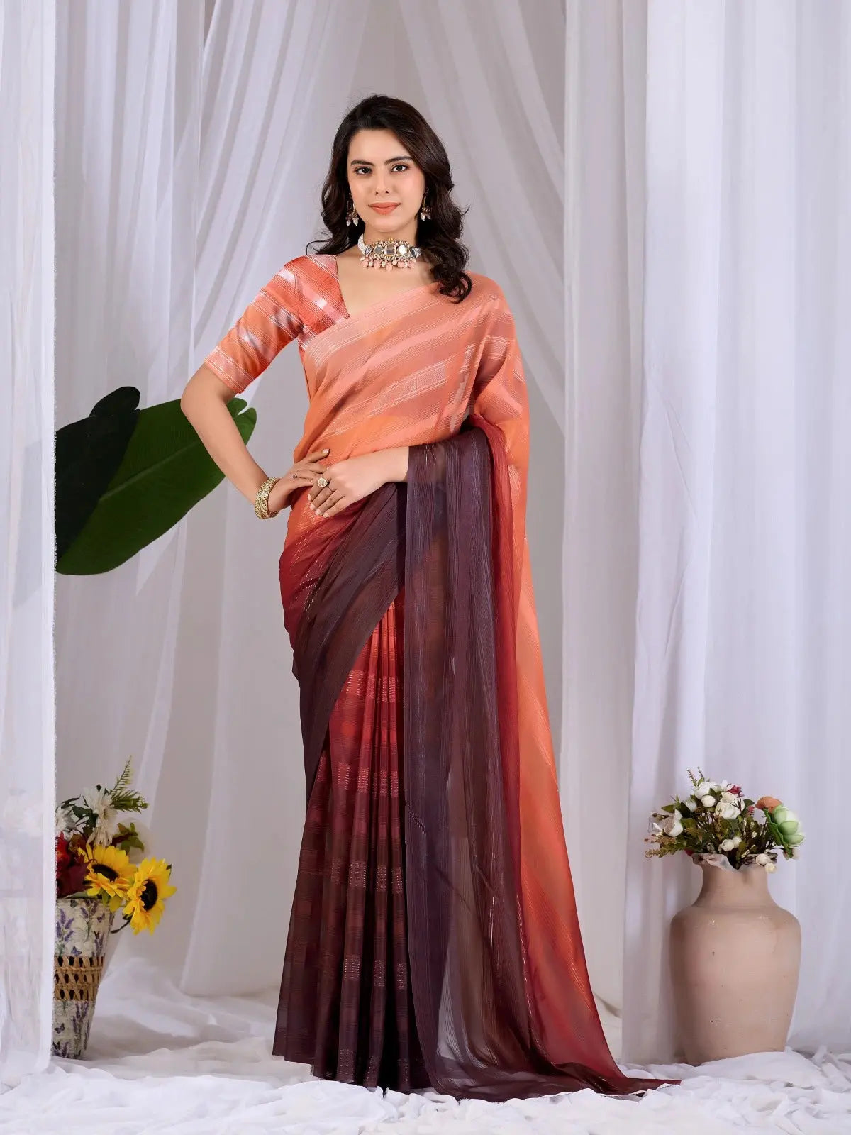 Soft Peach & Wine Ombre Saree — full front with peach-to-wine gradient and silver woven stripes