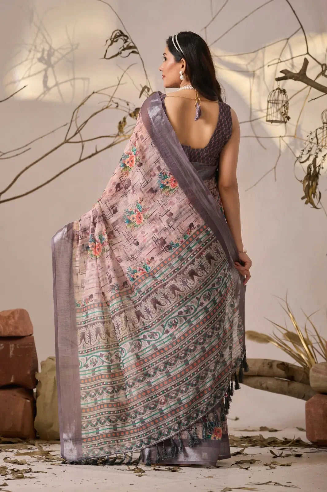 Back view of Dusty Mauve Digital Floral Print Saree — tribal art print pallu spread with lotus and elephant motifs