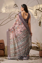 Back view of Dusty Mauve Digital Floral Print Saree — tribal art print pallu spread with lotus and elephant motifs