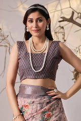 Close-up of dark grey/mauve geometric print running blouse — Dusty Mauve Floral Print Saree blouse piece