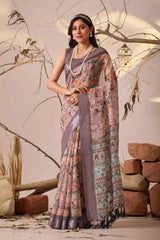 Dusty Mauve Digital Floral Print Saree — full front with floral bouquet body and tribal art print pallu