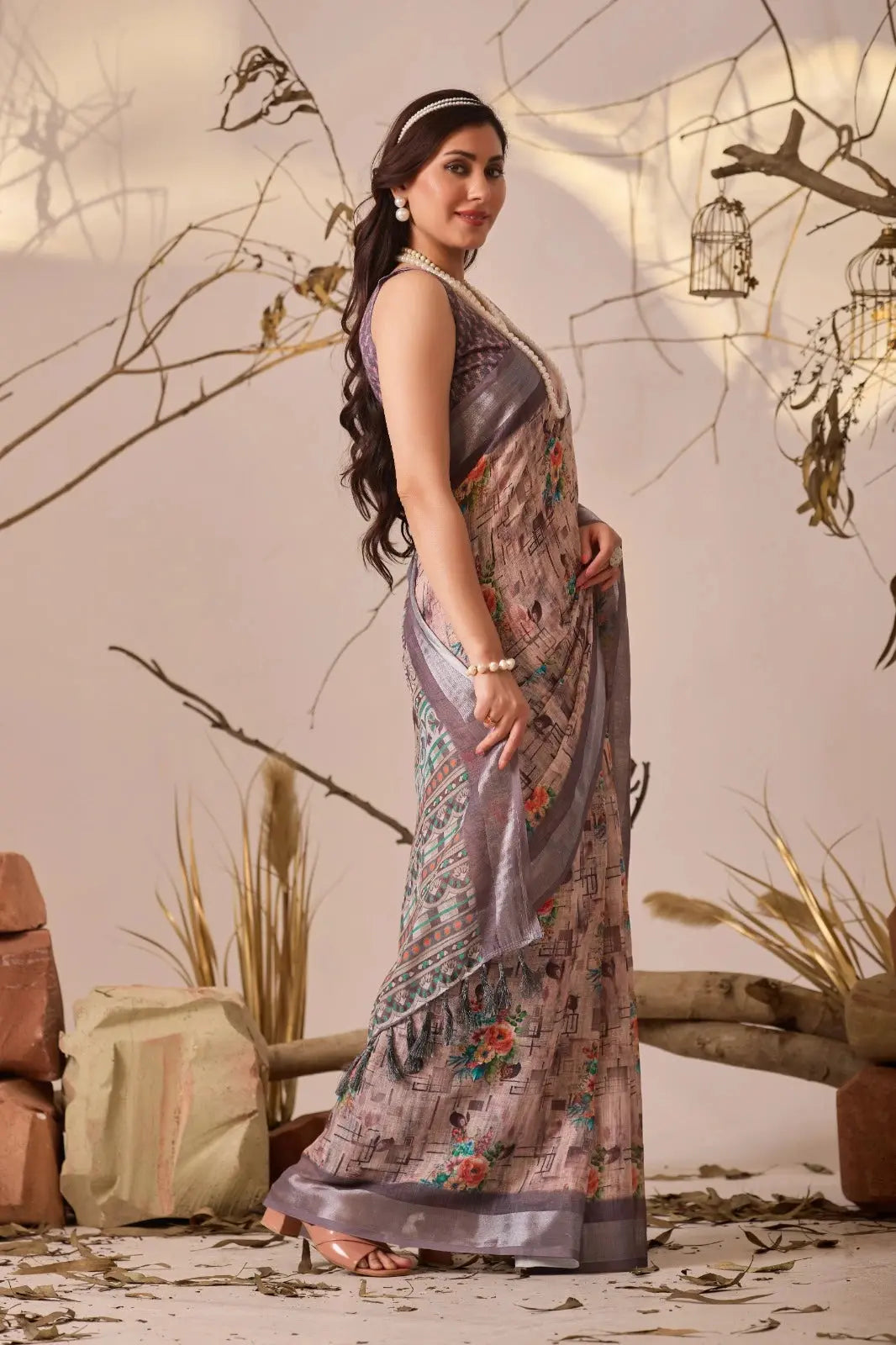 Side profile of Dusty Mauve Digital Floral Print Saree — full length linen cotton drape with zari border