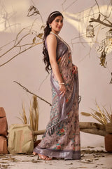 Side profile of Dusty Mauve Digital Floral Print Saree — full length linen cotton drape with zari border