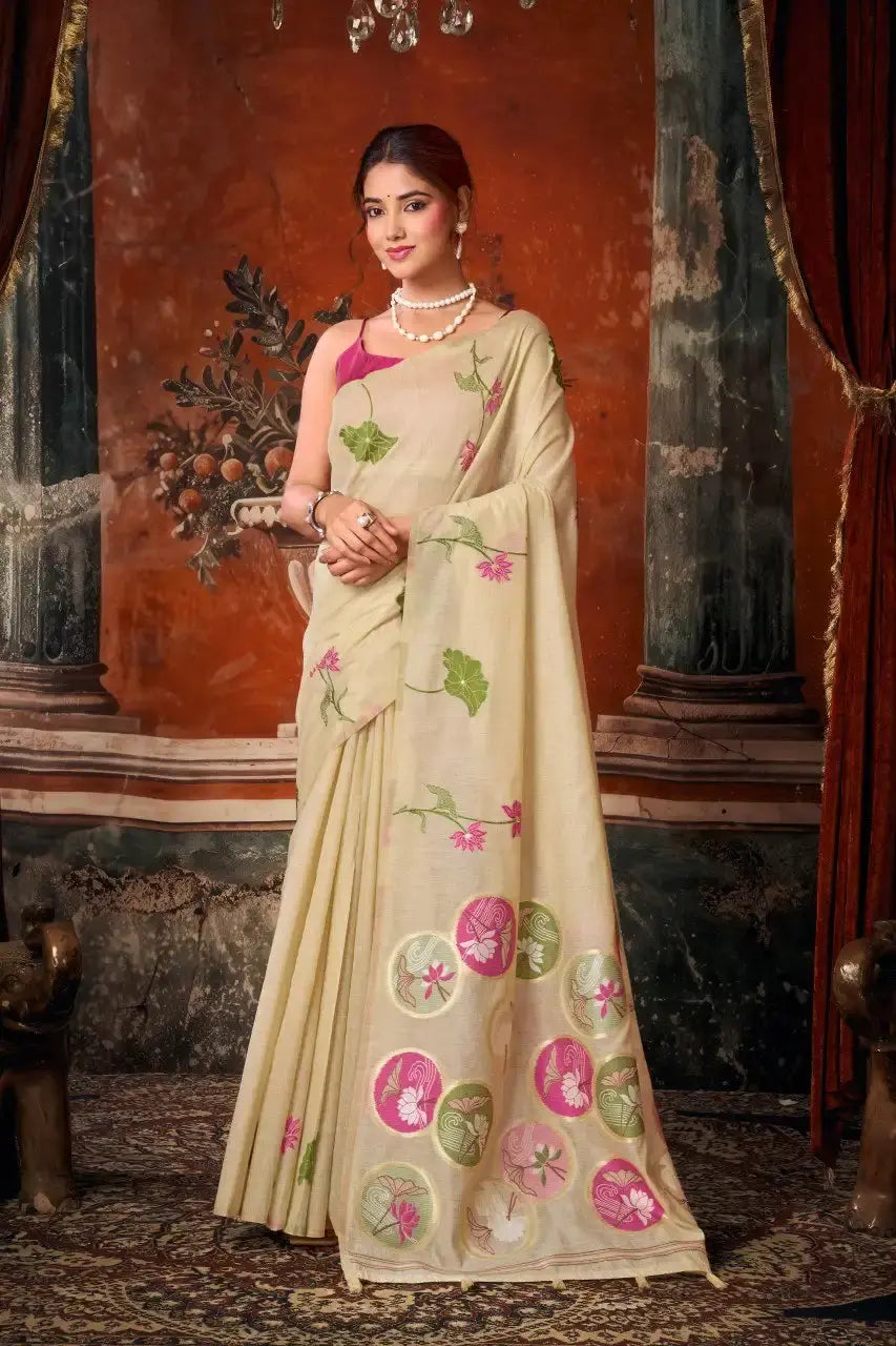Beige Jacquard Weaving Saree Khadi Cotton front drape – zari border, woven pallu | KS313 Kalyanja