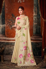 Beige Jacquard Weaving Saree Khadi Cotton front drape – zari border, woven pallu | KS313 Kalyanja