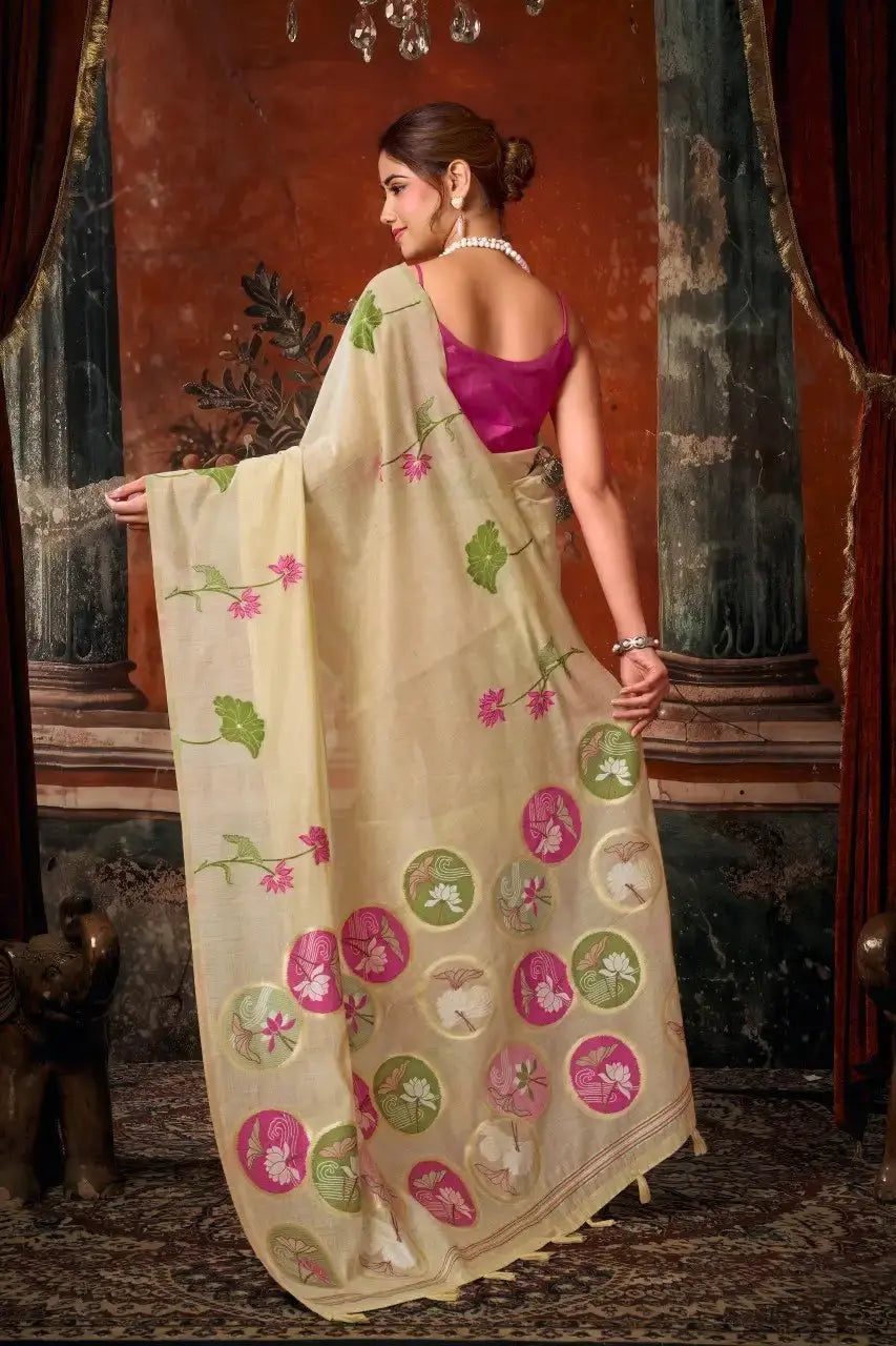 Beige Jacquard Weaving Saree Khadi Cotton woven pallu detail – KS313 by Kalyanja