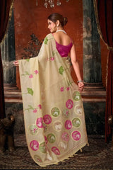 Beige Jacquard Weaving Saree Khadi Cotton woven pallu detail – KS313 by Kalyanja