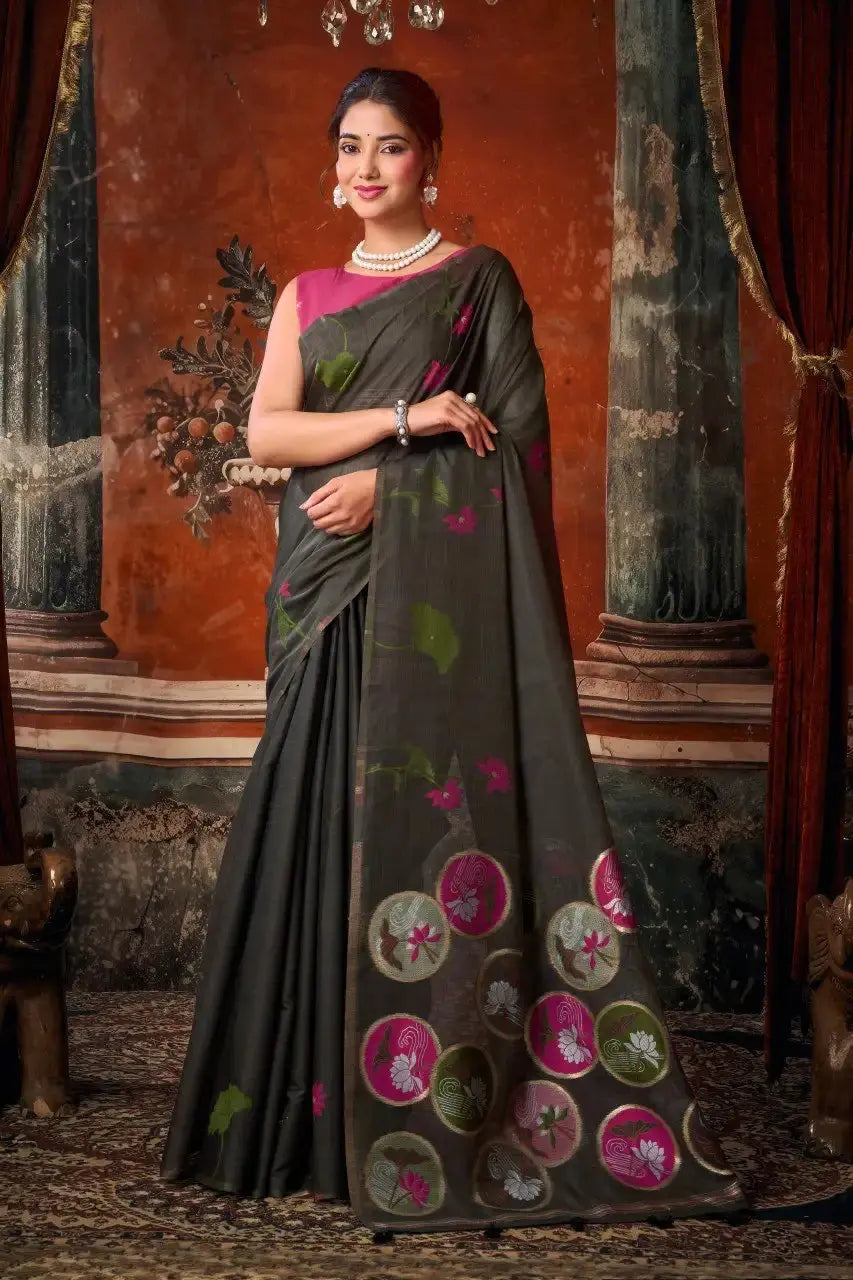 Black Jacquard Weaving Saree Khadi Cotton woven pallu detail – KS313 by Kalyanja