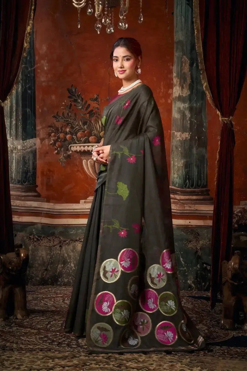 Black Jacquard Weaving Saree Khadi Cotton side drape – jacquard weaving detail | KS313 Kalyanja