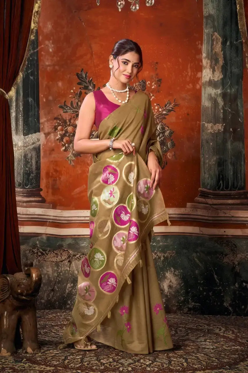 Brown Jacquard Weaving Saree Khadi Cotton zari border close-up – warm metallic zari on khadi | KS313 Kalyanja