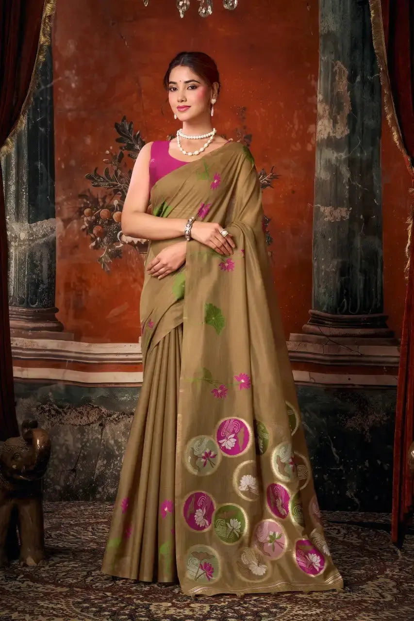 Brown Jacquard Weaving Saree Khadi Cotton side drape – jacquard weaving detail | KS313 Kalyanja