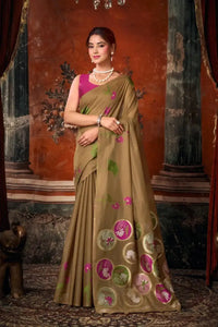 Brown Jacquard Weaving Saree – Khadi Cotton Festive Wear