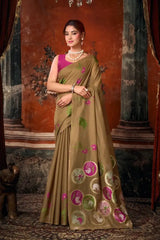 Brown Jacquard Weaving Saree Khadi Cotton side drape – jacquard weaving detail | KS313 Kalyanja