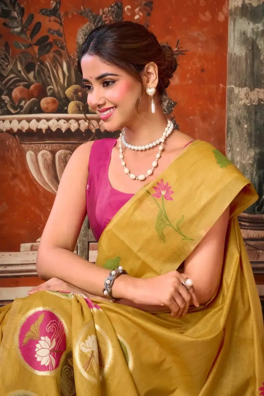 Mustard Yellow Jacquard Weaving Saree Khadi Cotton body close-up – jacquard woven texture on khadi | KS313 Kalyanja
