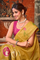Mustard Yellow Jacquard Weaving Saree Khadi Cotton body close-up – jacquard woven texture on khadi | KS313 Kalyanja