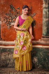 Mustard Yellow Jacquard Weaving Saree Khadi Cotton zari border close-up – gold zari on mustard khadi | KS313 Kalyanja