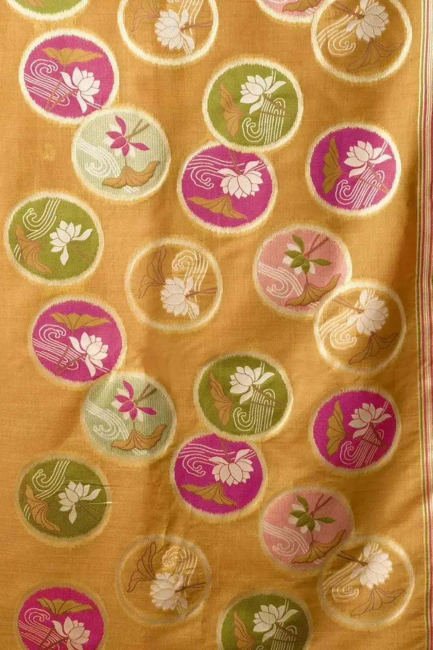 Mustard Yellow Jacquard Weaving Saree Khadi Cotton flat lay – full 5.5m with blouse piece, KS313 by Kalyanja