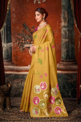 Mustard Yellow Jacquard Weaving Saree Khadi Cotton front drape – zari border, woven pallu | KS313 Kalyanja