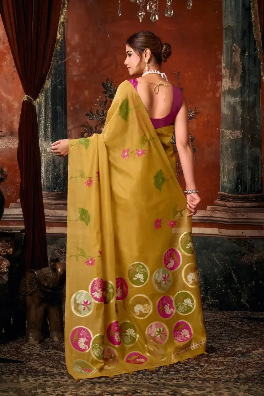 Mustard Yellow Jacquard Weaving Saree Khadi Cotton woven pallu detail – KS313 by Kalyanja